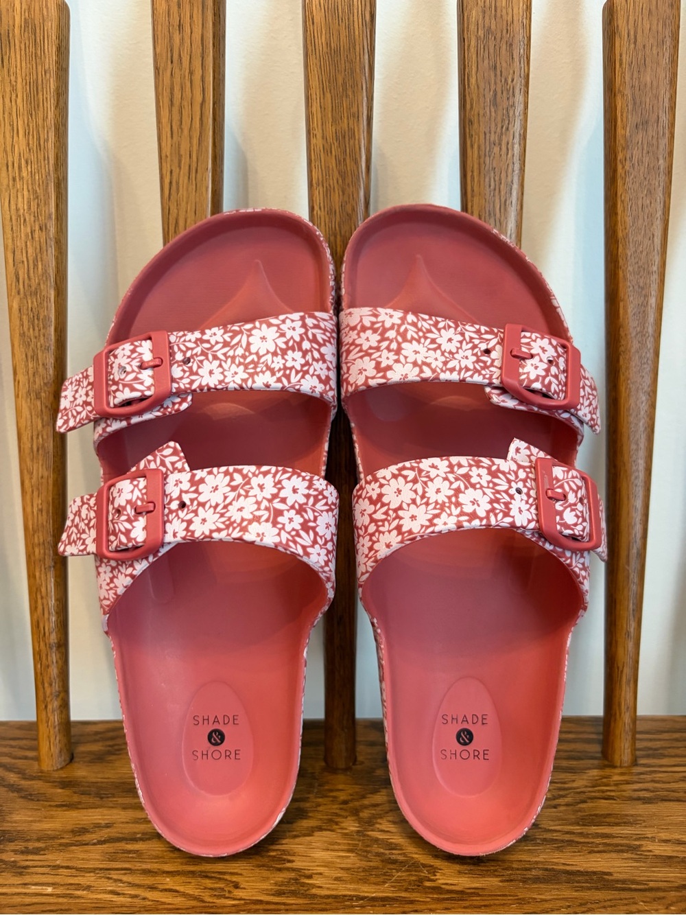 Shade & Shore Women's Pink Floral Double Buckle Slide Sandals Size 9